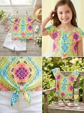 The Children’s Place Girls Ruffle Tie-Front Bandana Print Top Size M (7/8)